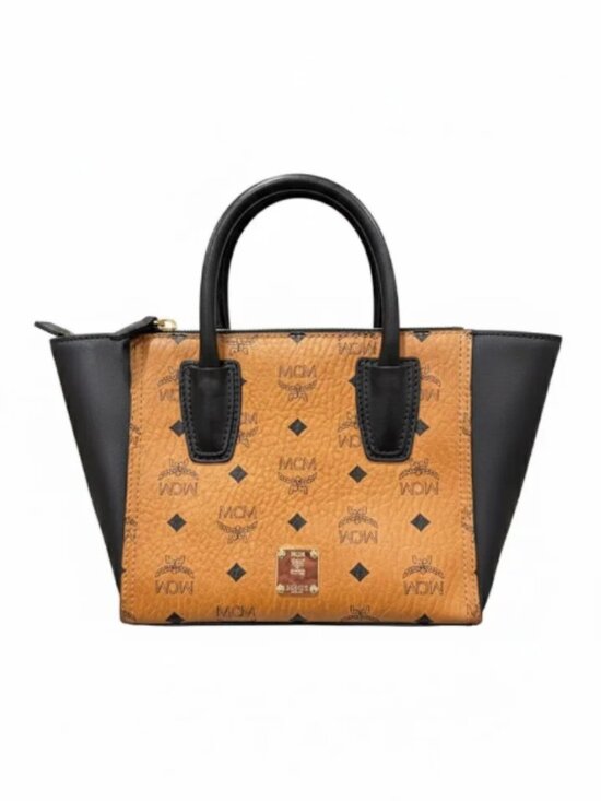 MCM001. MCM, Black/Cognac Visetos Coated Canvas and Leather Small Kathy Tote - Picture 1 of 2